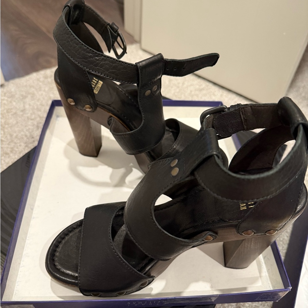 Stuart Weitzman Black Heels Strappy Studded Clogs